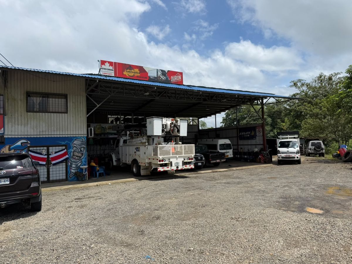 El patio del taller con carros y camiones esperando
